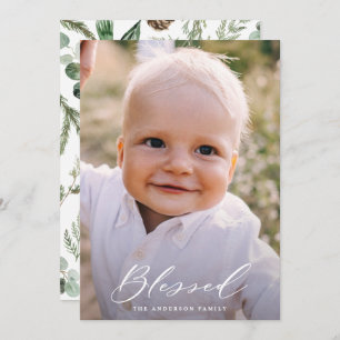 Modern minimal photo blessed Christmas chic script Holiday Card