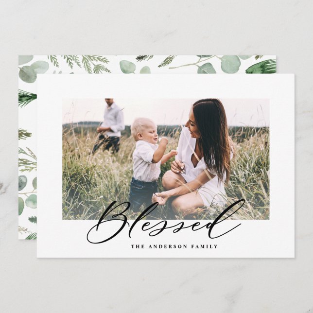 Modern minimal photo Christmas blessed script Holiday Card (Front/Back)
