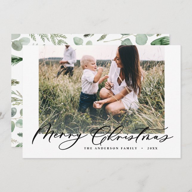 Modern minimal photo Christmas elegant chic script Holiday Card (Front/Back)