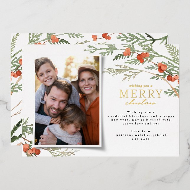 Modern minimal photo Christmas elegant eucalyptus  Foil Holiday Card (Front/Back)