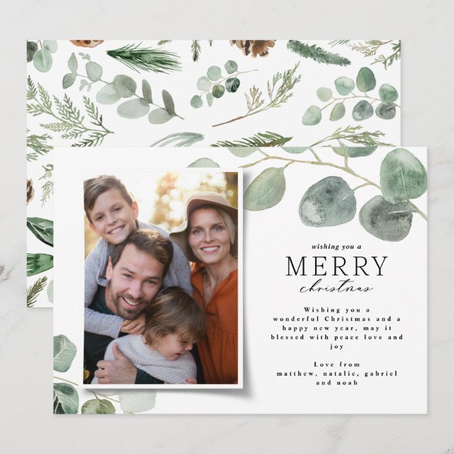 Modern minimal photo Christmas elegant eucalyptus Holiday Card (Front/Back)