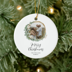 Modern minimal photo Christmas elegant script Ceramic Ornament