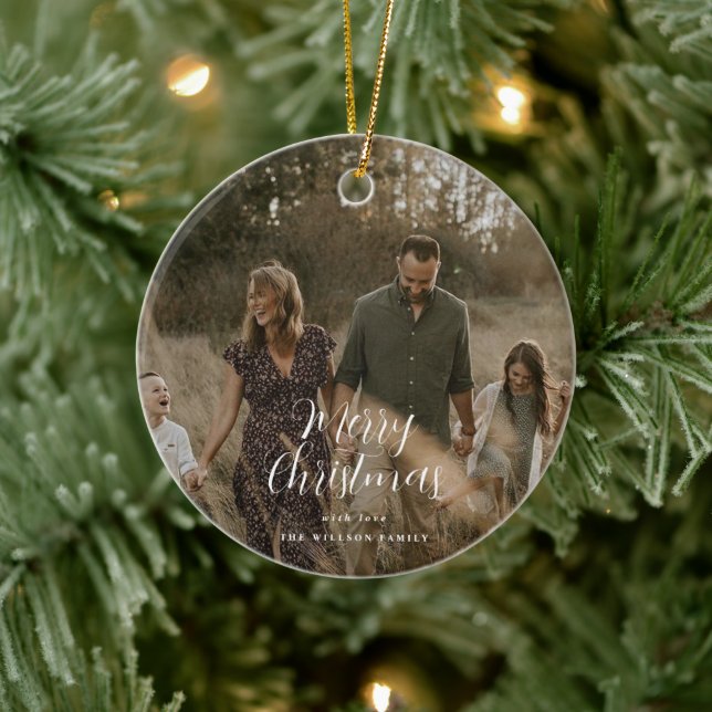 Modern minimal photo Christmas elegant script Ceramic Ornament (Tree)