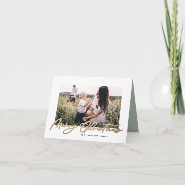 Modern minimal photo Christmas elegant script Holi Holiday Card (Front)