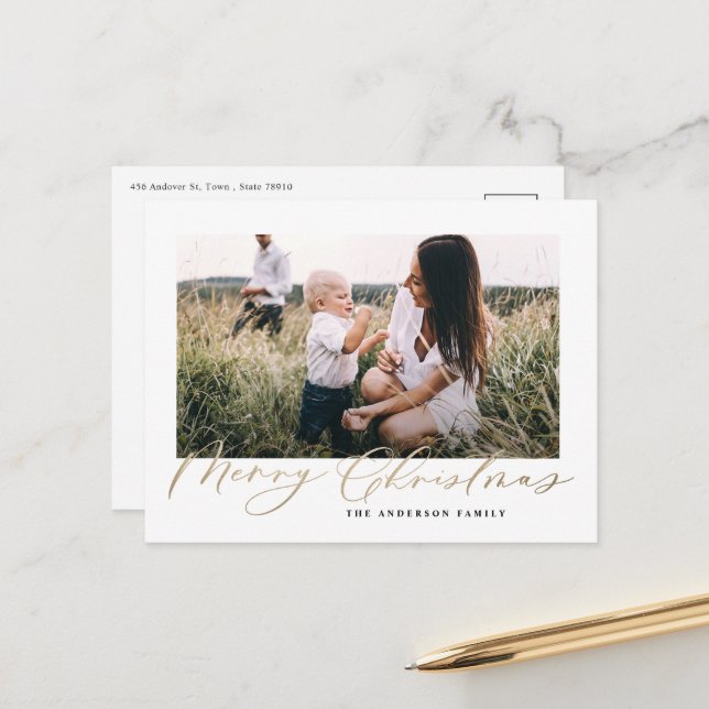 Modern minimal photo Christmas elegant script Holi Holiday Postcard (Front/Back In Situ)