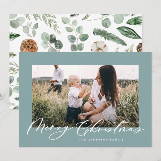 Modern minimal photo Christmas elegant script Holiday Card (Front/Back)