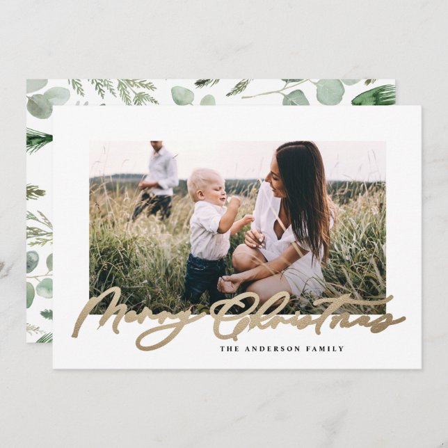 Modern minimal photo Christmas elegant script Holiday Card (Front/Back)