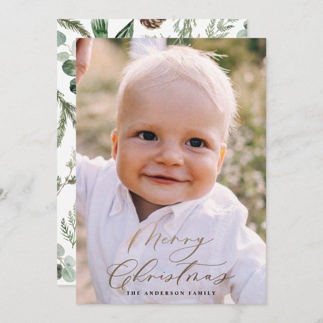 Modern minimal photo Christmas elegant script Holiday Card (Front/Back)
