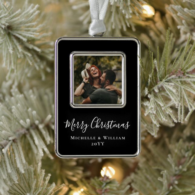 Modern Minimal Photo Christmas Script Black Silver Plated Framed Ornament (Tree)