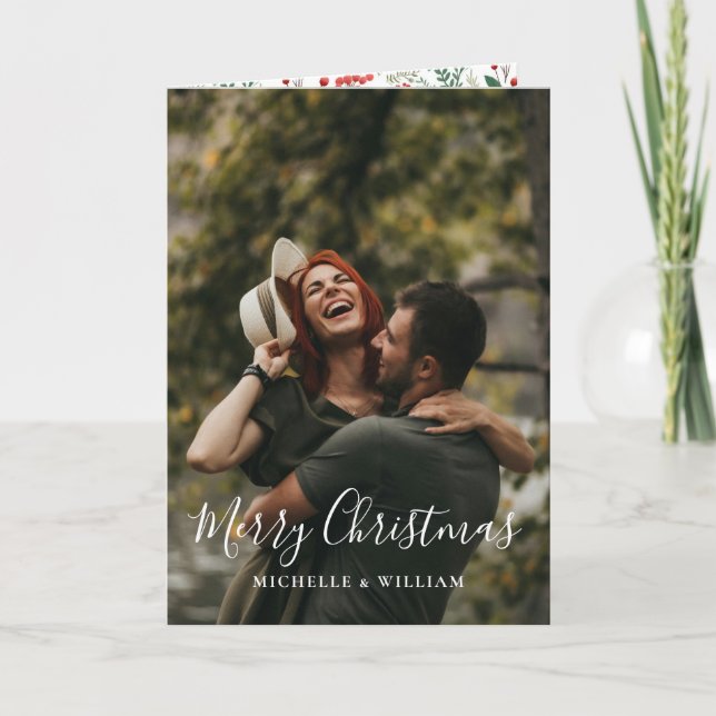 Modern Minimal Photo Christmas Script Folded Holiday Card (Front)