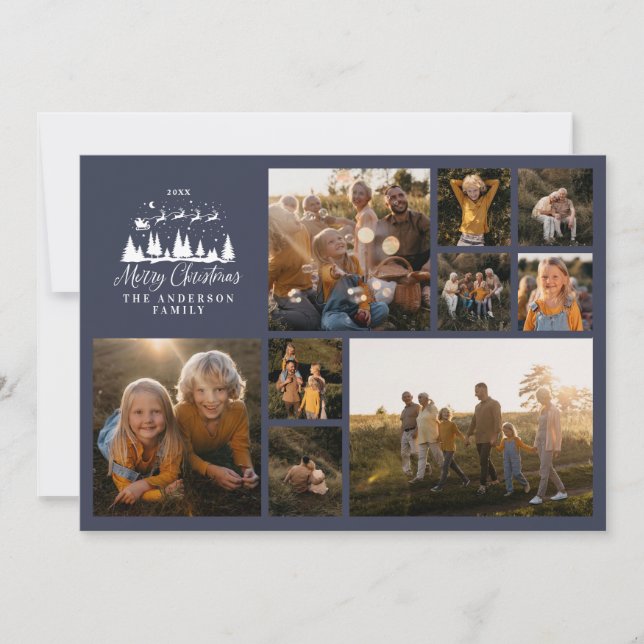 Modern minimal photo collage Christmas navy blue Holiday Card (Front)
