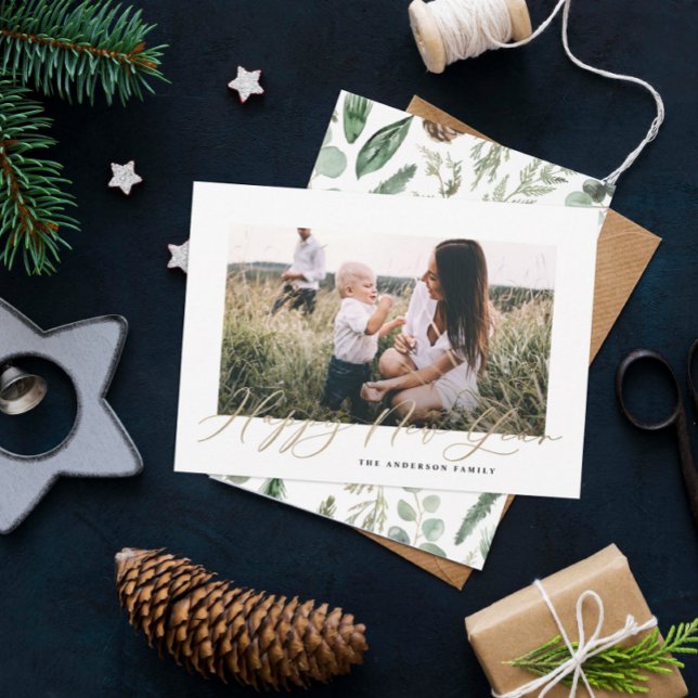 Modern minimal photo elegant script gold new year holiday card (Creator Uploaded)