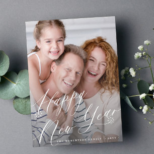 Modern minimal photo elegant script new year holiday card
