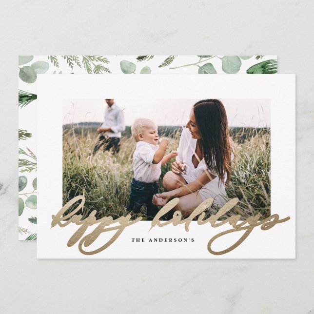 Modern minimal photo holidayelegant script holiday card (Front/Back)