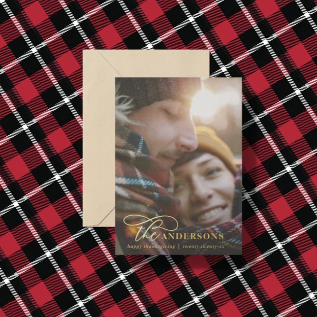 Modern minimal photo tartan red elegant script foil holiday card (Creator Uploaded)