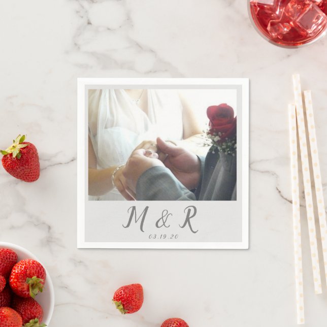 Modern Minimal Photo Wedding Logo Grey Napkin (Insitu)