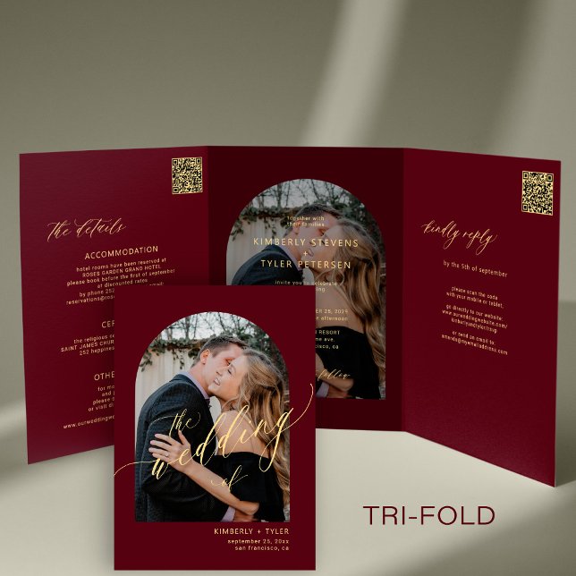 Modern minimal photo wedding rsvp details burgundy Tri-Fold invitation (Creator Uploaded)