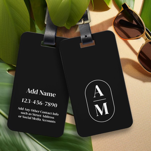 Modern Minimal Pill Monogram - Black White Luggage Tag (Custom Luggage Tag - Personalized Bag Tag)