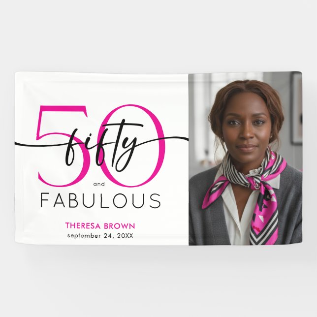 Modern Minimal Pink Fifty Fabulous Script Birthday Banner (Horizontal)