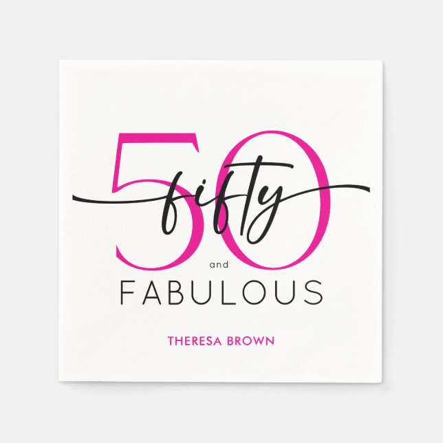 Modern Minimal Pink Fifty Fabulous Script Birthday Napkin (Front)