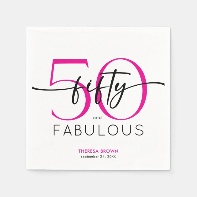 Modern Minimal Pink Fifty Fabulous Script Birthday Napkin (Front)