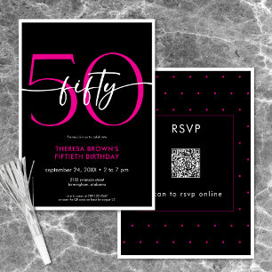 Modern Minimal Pink Fifty Script Birthday QR Invitation