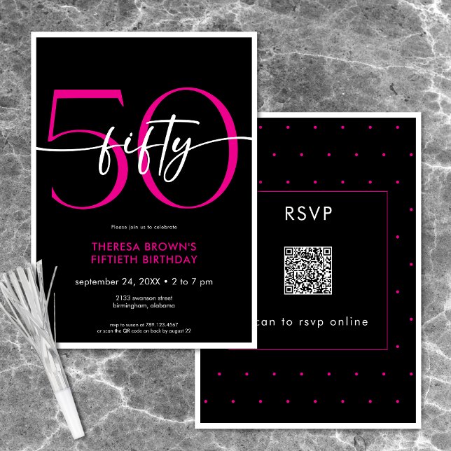 Modern Minimal Pink Fifty Script Birthday QR Invitation (Modern Minimal Pink Fifty Script Birthday QR Invitation)