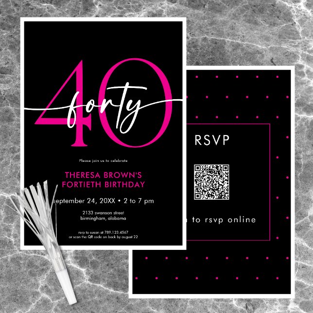 Modern Minimal Pink Forty Script Birthday QR Invitation (Modern Minimal Pink Forty Script Birthday QR Invitation)
