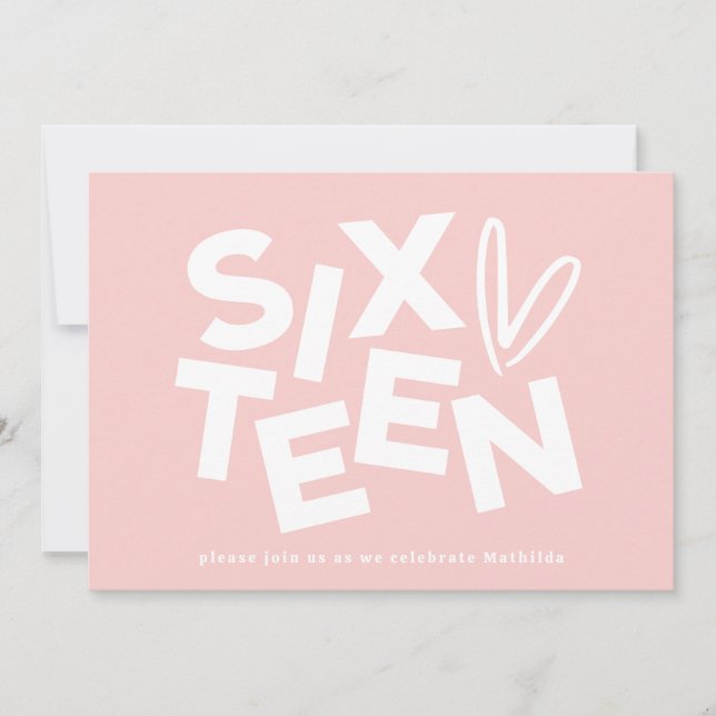 Modern minimal pink girly typography 16th birthday invitation (Front)