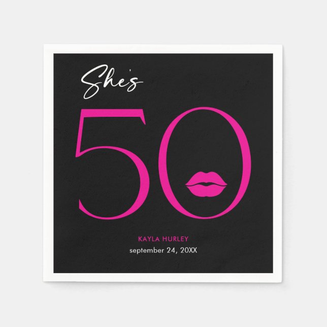Modern Minimal Pink Lips She's Fifty Birthday Napkin (Front)