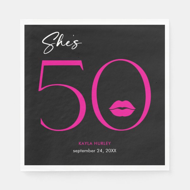 Modern Minimal Pink Lips She's Fifty Birthday Napkin (Front)