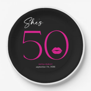 Modern Minimal Pink Lips She's Fifty Birthday Paper Plate