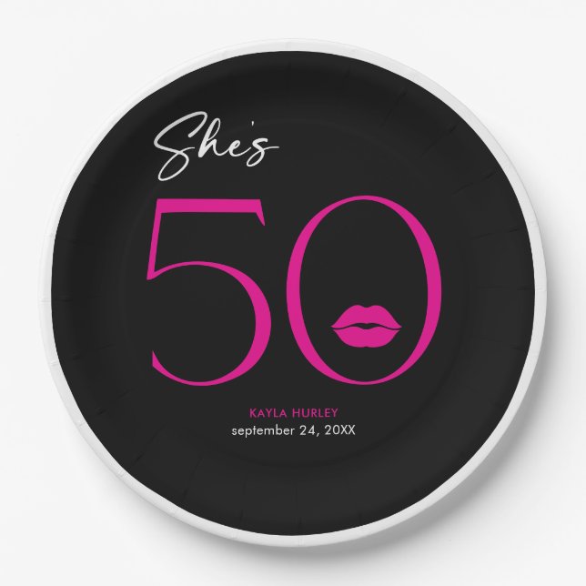 Modern Minimal Pink Lips She's Fifty Birthday Paper Plate (Front)