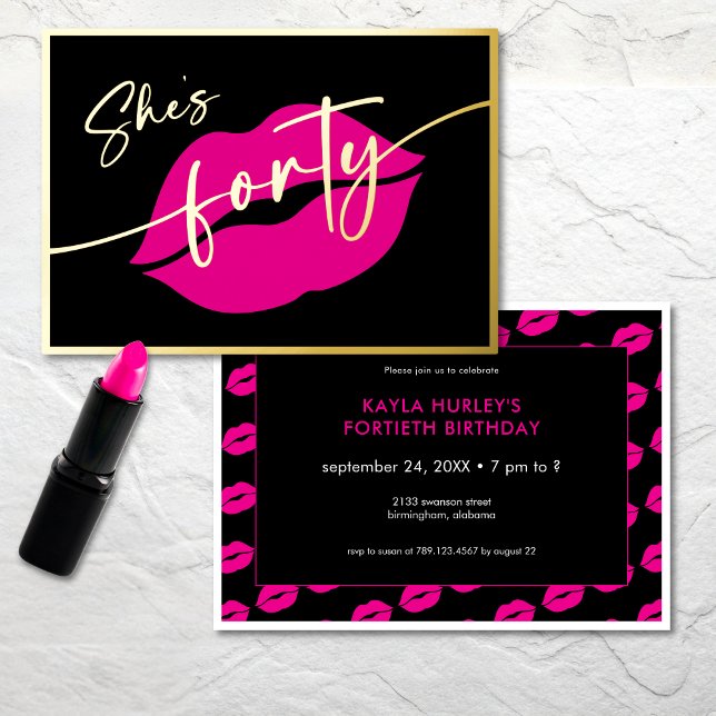 Modern Minimal Pink Lips She's Forty Birthday (Modern Minimal Pink Lips She's Fifty Birthday Foil Invitation)