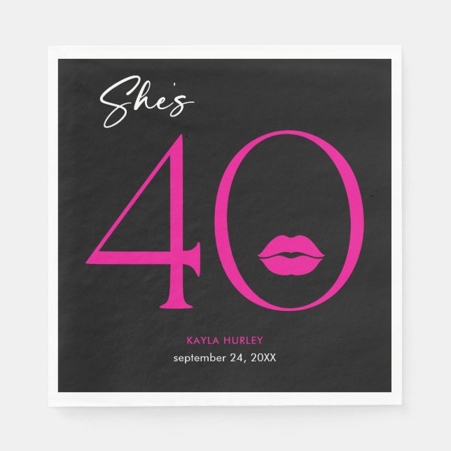 Modern Minimal Pink Lips She's Forty Birthday Napkin (Front)