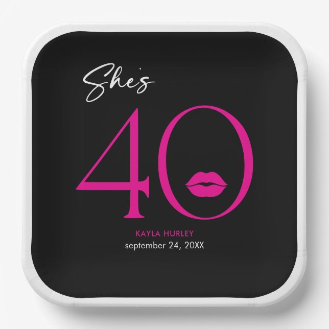 Modern Minimal Pink Lips She's Forty Birthday Paper Plate (Front)