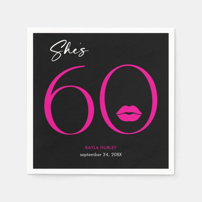 Modern Minimal Pink Lips She's Sixty Birthday Napkin (Front)