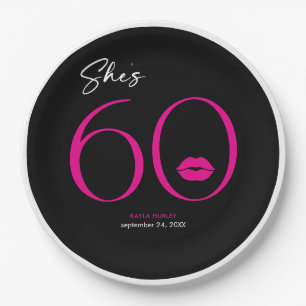 Modern Minimal Pink Lips She's Sixty Birthday Paper Plate