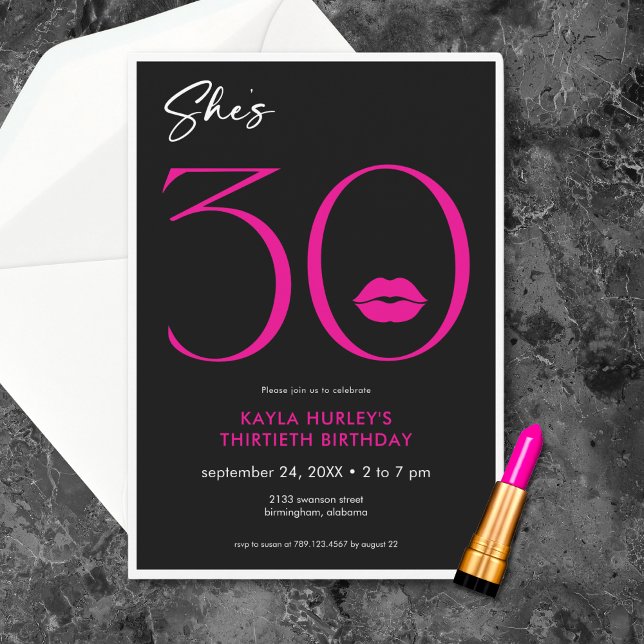 Modern Minimal Pink Lips She's Thirty Birthday Invitation (Modern Minimal Pink Lips She's Thirty Birthday Invitation)