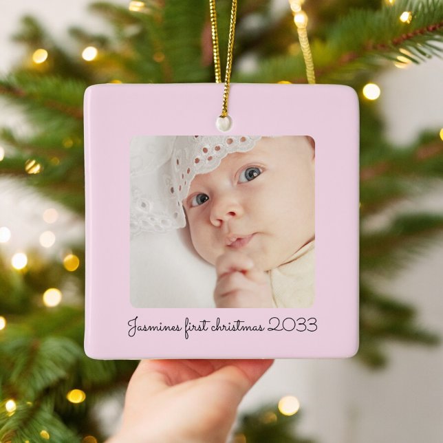 modern minimal pink  photo babys first christmas  ceramic ornament (minimal modern pink babys first personalized christmas ornament )