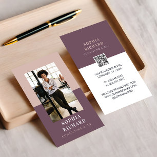 Modern Minimal Pink & Plum Business Photo QR Code Card