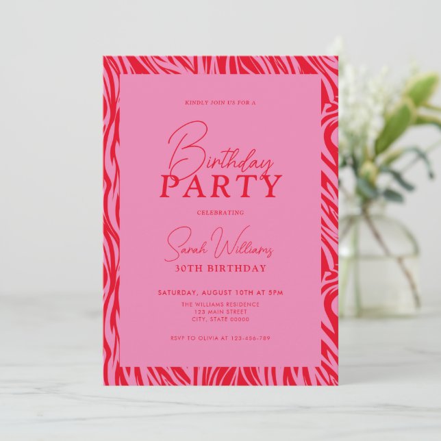 Modern Minimal Pink Red 30th Birthday  Invitation (Standing Front)