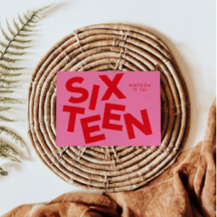 Modern minimal pink + red typography 16th birthday invitation