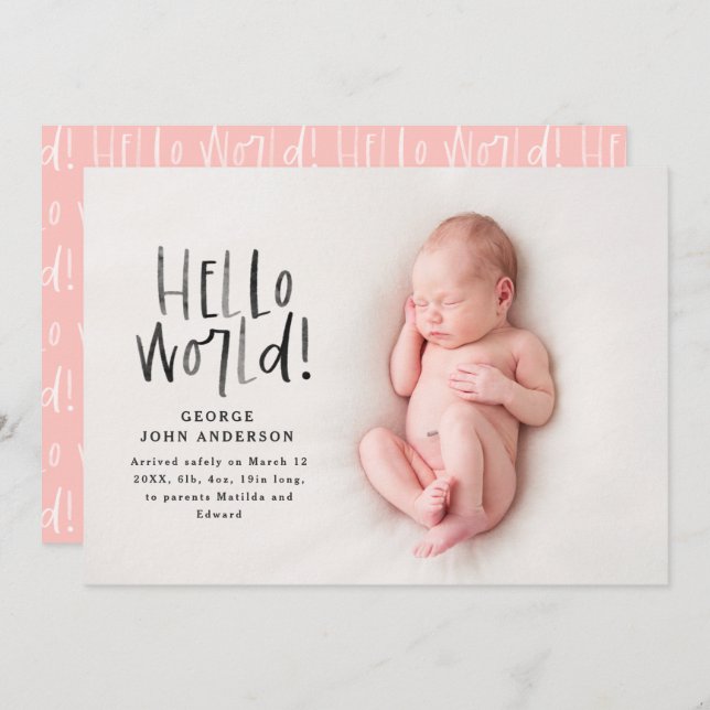 Modern minimal pink simple photo birth announcement (Front/Back)