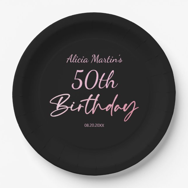 Modern & Minimal Pink Typography Black Birthday Paper Plate (Front)