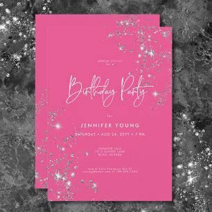 Modern Minimal Pink White Glam Diamonds Birthday Invitation