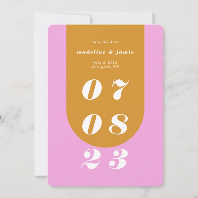 Modern Minimal Pink & Yellow Retro Arch Bold Date Save The Date (Front)
