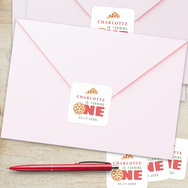 Modern Minimal Pizza First Birthday Party Custom Square Sticker (Creator Uploaded)