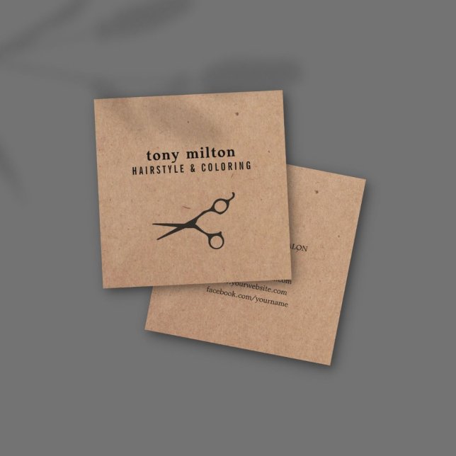 Modern Minimal Printed Kraft Black Scissors Hair Square Business Card (Creator Uploaded)