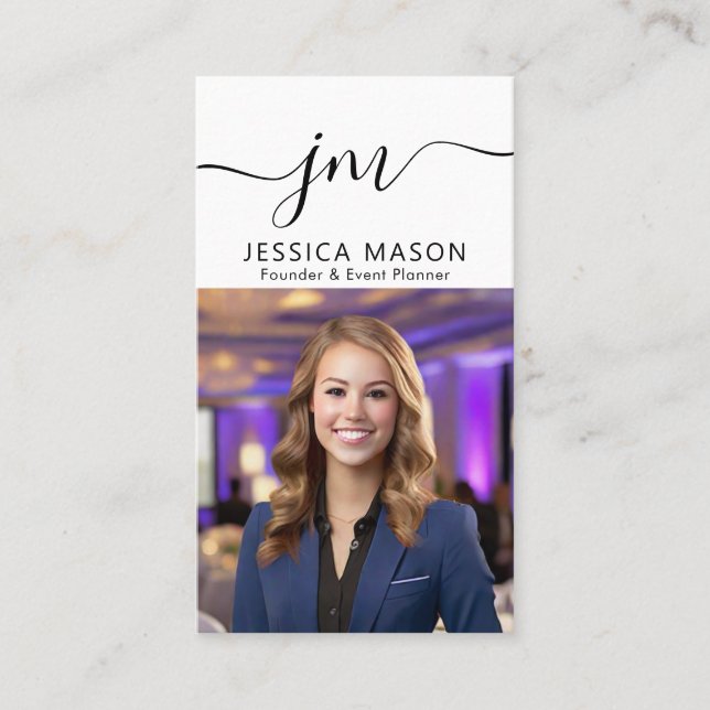 Modern Minimal Professional Script Monogram Photo Business Card (Front)